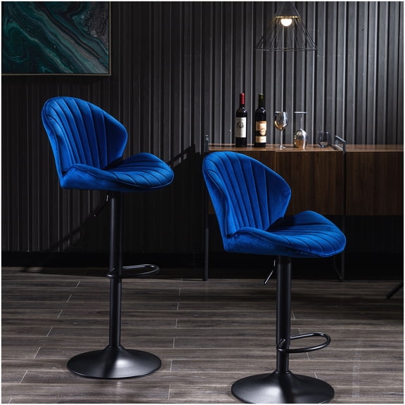 Adjustable Height Bar Stools Set of 2 with Back & Footrest, Soft Blue Fabric Counter Stools for Kitchen