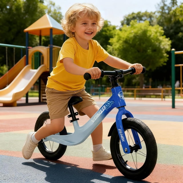 Bicicleta de Equilibrio para Niños de 2-5 Años, Bicicleta Sin Pedales con Asiento Ajustable, Manubrio Puede Rotar en 360°, LIantas Anti punción de 12 Pulgadas, Anillo de Acero Engrosado (Azul)