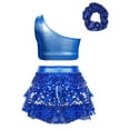 thumbnail image 3 of CHICTRY Kids Girls Sequin Metallic Jazz Modern Latin Dance Crop Top with Skirt Hair Band Set Royal Blue 12, 3 of 7