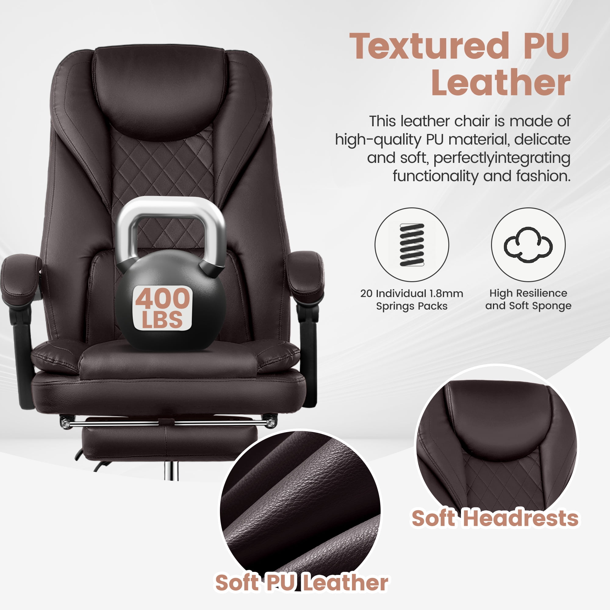 COOLHUT Executive Office Chair, Big and Tall Office Chair with Footrest Reclining Faux Leather Chair High Back Lumbar Support Ergonomic Office Chair with Padded Armrests, Coffee