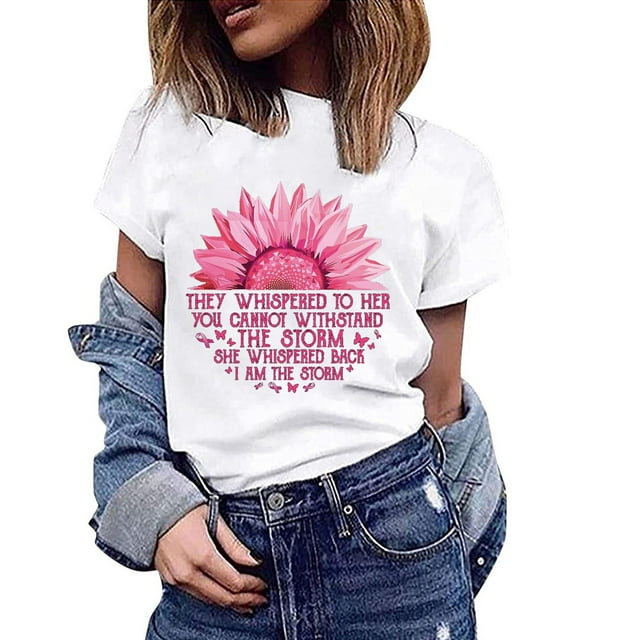 TIMIFIS Chandails de Sensibilisation au Cancer du Sein pour Femmes Mode Col Rond Manches Courtes Imprimé T-Shirt Décontracté Blouse Hauts Automne/hiver