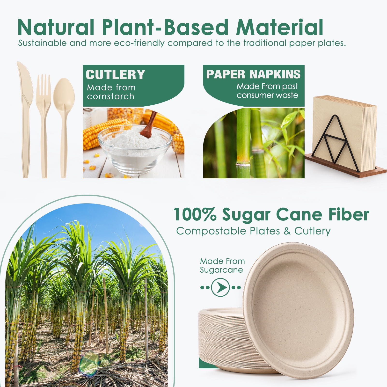 Gezond Compostable Paper Plates Set 300 Pieces, Disposable Plates 10 inch and 7 inch Eco-frinedly Heavy-duty Paper Plates Made From Sugarcane Fibers with Biodegradable Utensils and Napkins for Party