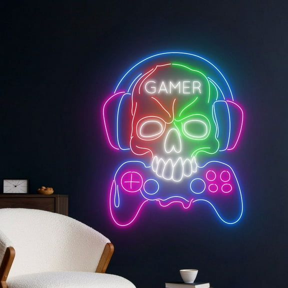 Handmadetneonsign Skull Gamer Neon Sign, Skeletotn Playing Game Wall Art Decor, Gaming Room Wall Decor