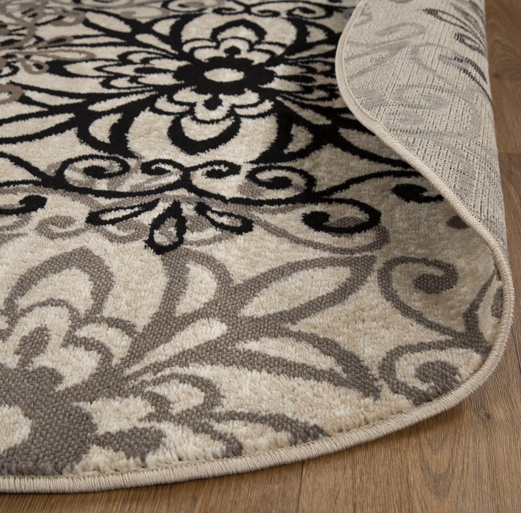 Superior Modern Floral Scroll Pet and Kid-Friendly Indoor Area Rug, 5' Round, Multi-Colored
