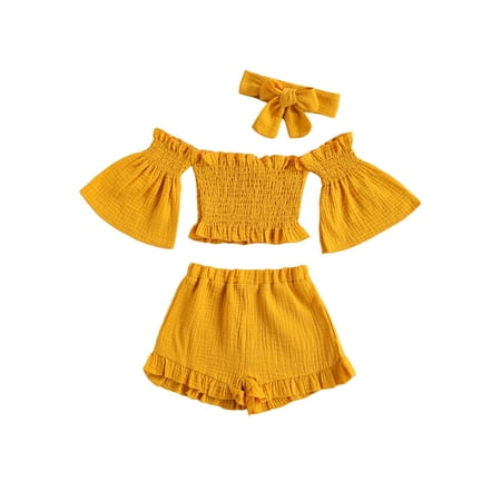 

3Pcs Toddler Baby Girls Outfits Off Shoulder Flare Ruffle Sleeve Top+Solid Color Shorts+Headband Summer Clothes Set