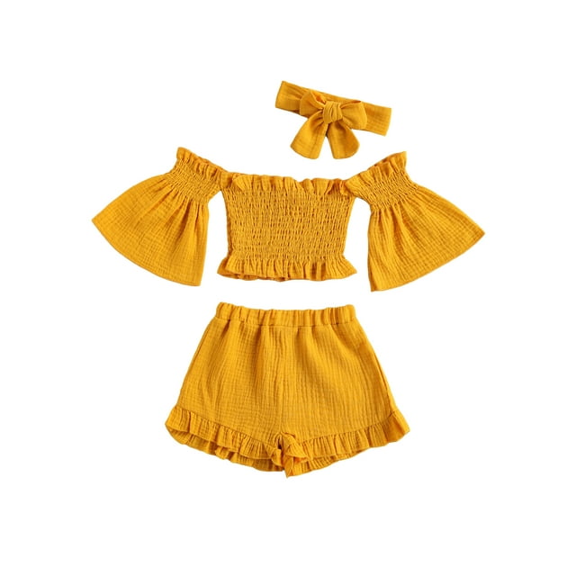 Sylvamorning Hauts à Épaules Dénudées à Manches Évasées + Shorts à Volants + Bandeau à Nœud