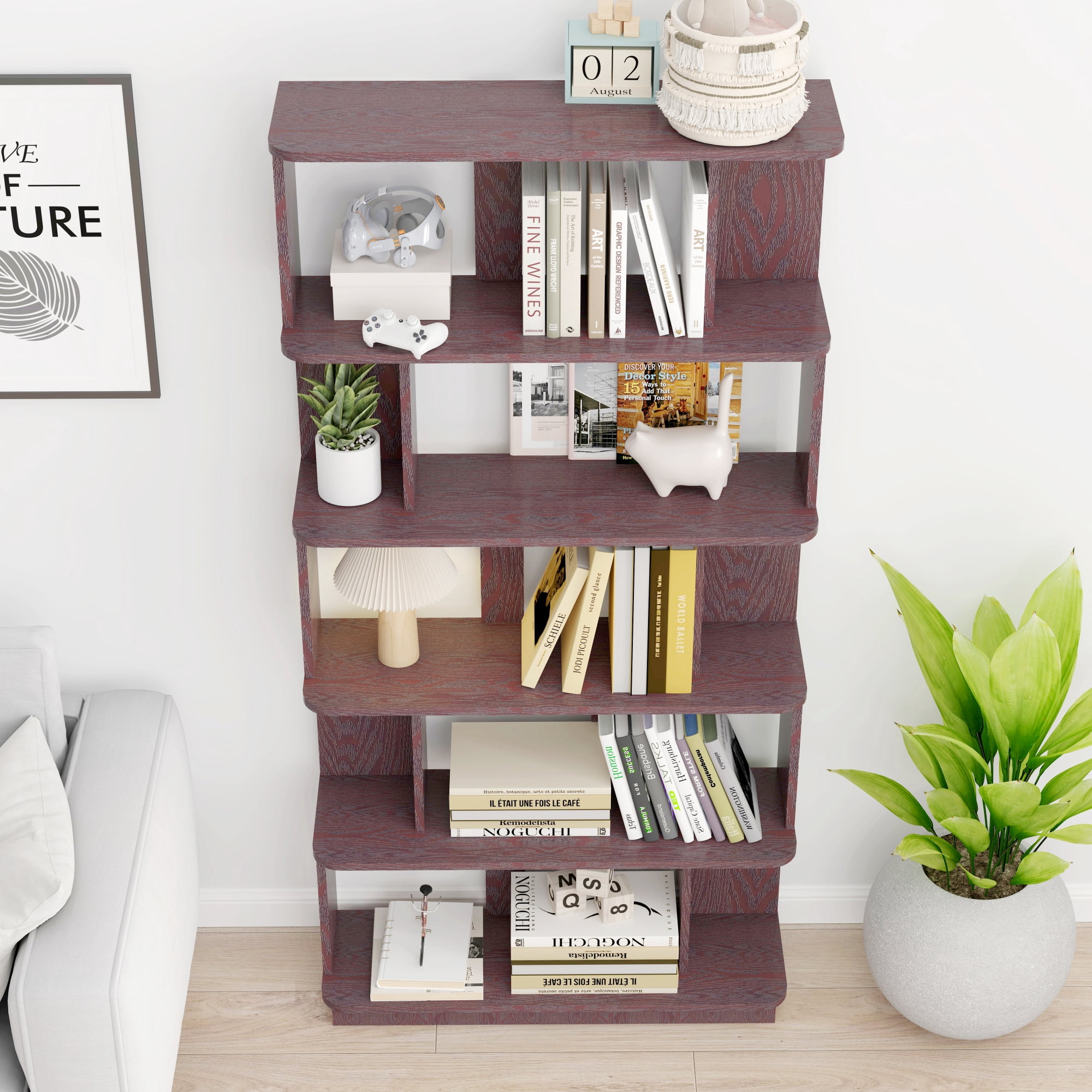 Leumius 5 Tier Open Storage Bookcase,Free Combination Bookshelf,Wood Display Shelving for Living Room Home Office Bedroom Decor Organizer,31.5" L x 64.56" H,Ox Blood Red