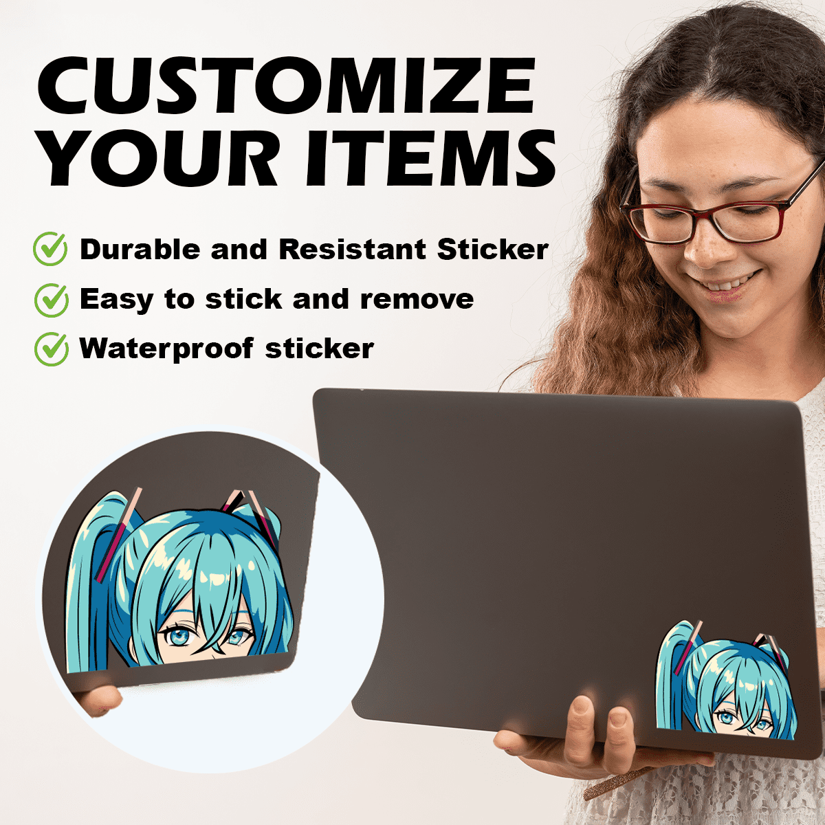 Adesivi Miku Hatsune Peeker 2 Pezzi, 13x8,8 Cm, Impermeabili E UV Resistenti Per Laptop, Auto E Decorazione Otaku