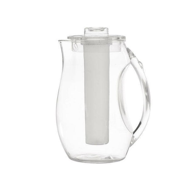 jarra con enfriador oggi 3 litros 5523 Jarra acrílica transparente de 3 litros con asa y pico vertedor; tapa con inserto central extraíble de gel que se congela para mantener bebidas frías, sin BPA, adecuada para servir en mesa; también suele usarse para preparar aguas frescas y tés fríos.