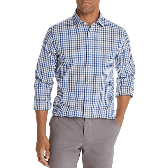 Bloomingdale's SLATE BLUE Four-Color Check-Print Classic Fit Shirt, US Large