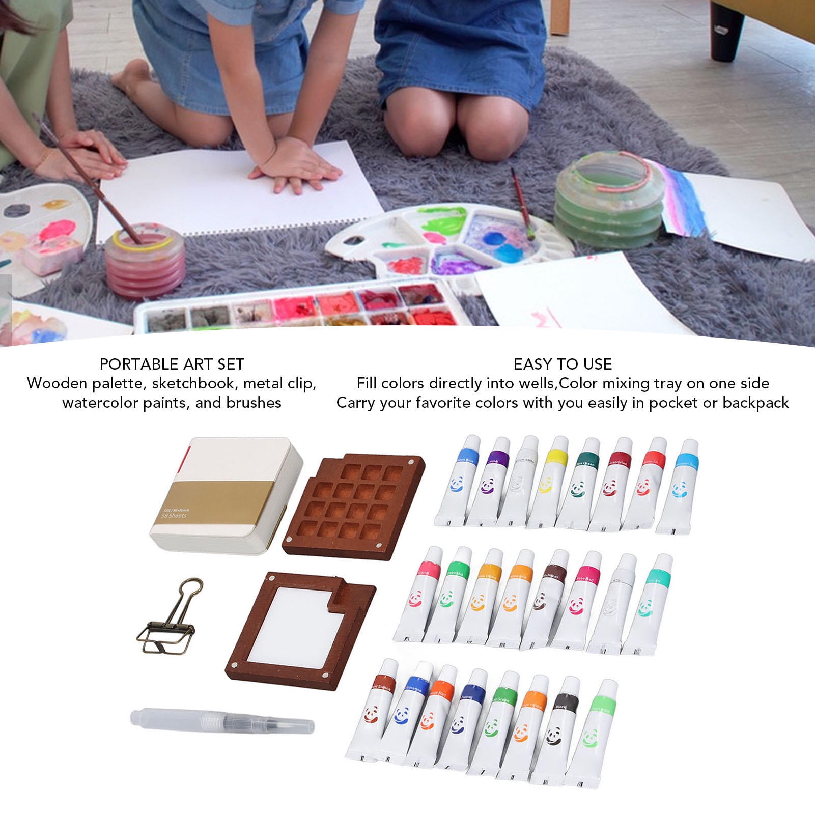 LAZIOEGR Compact 24‑Color Watercolor Palette & Brush Set – Portable Mini Paint Tray with Clip for On‑the‑Go Artists