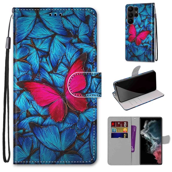 SaniMore Painted Wallet Case Compatible with Galaxy S23 Ultra, Stylish PU Leather Shell Magnetic Closure Shockproof Kickstand Case with Wrist Strap for Samsung Galaxy S23 Ultra,
