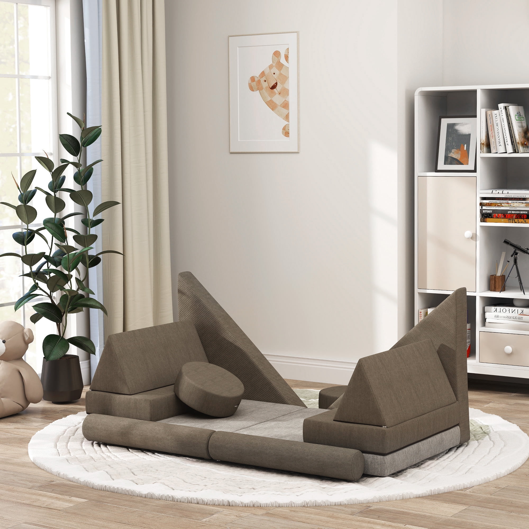 Soft Play Mat Qaba Modular Kids Play Couch, 12 Piece Kids Couch for Playroom Bedroom, Convertible Sofa Lounger for Boys & Girls, Khaki,Toddler Play Mat