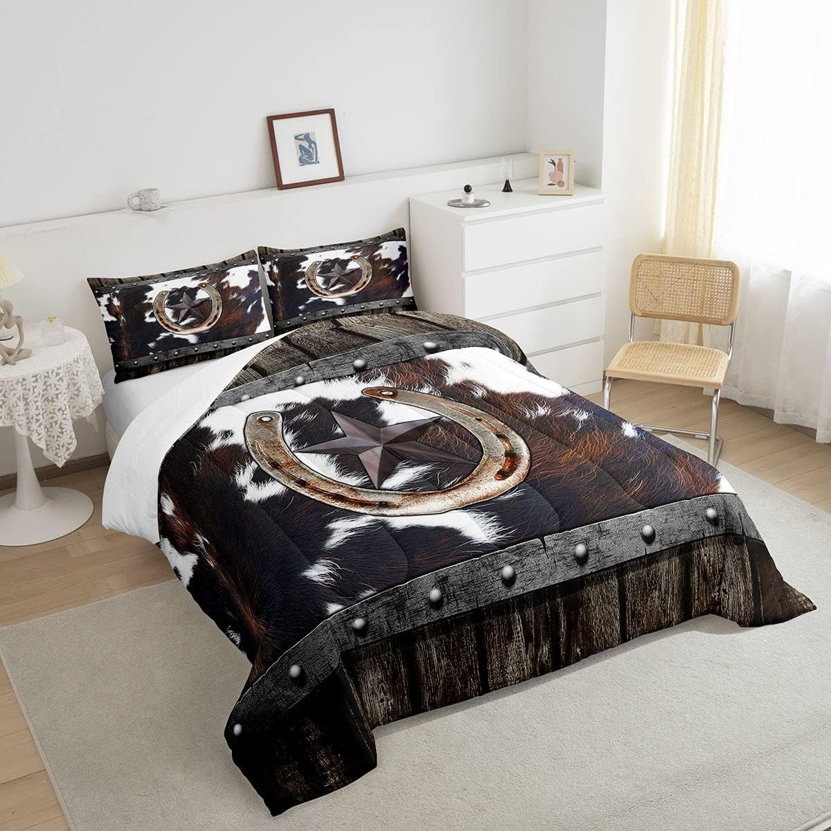 Western Texas Star Comforter Set Cowhide Horseshoe Bedding Sets Adults Men Full,Rustic Farmhouse Barn Door Down Comforter Country Farm Highland Cow Quilt Duvet Cowboys Room Decor