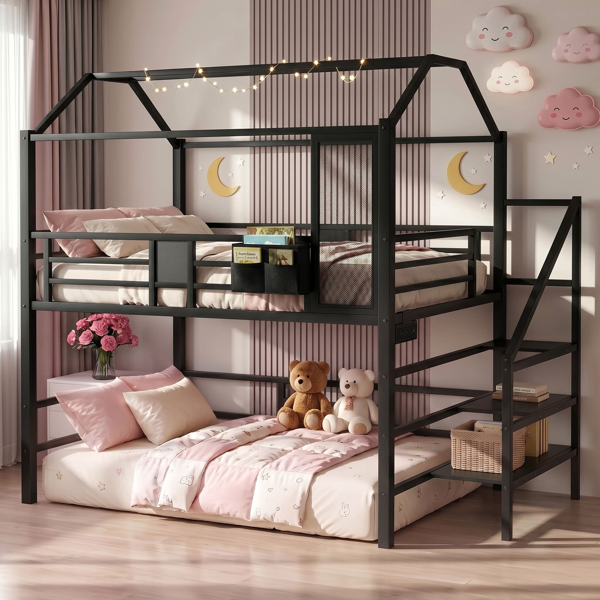 Miniyam Full Size Bunk Bed with Stairs, House Bed Design with Charging Station and Storage Bag Led Light, Black