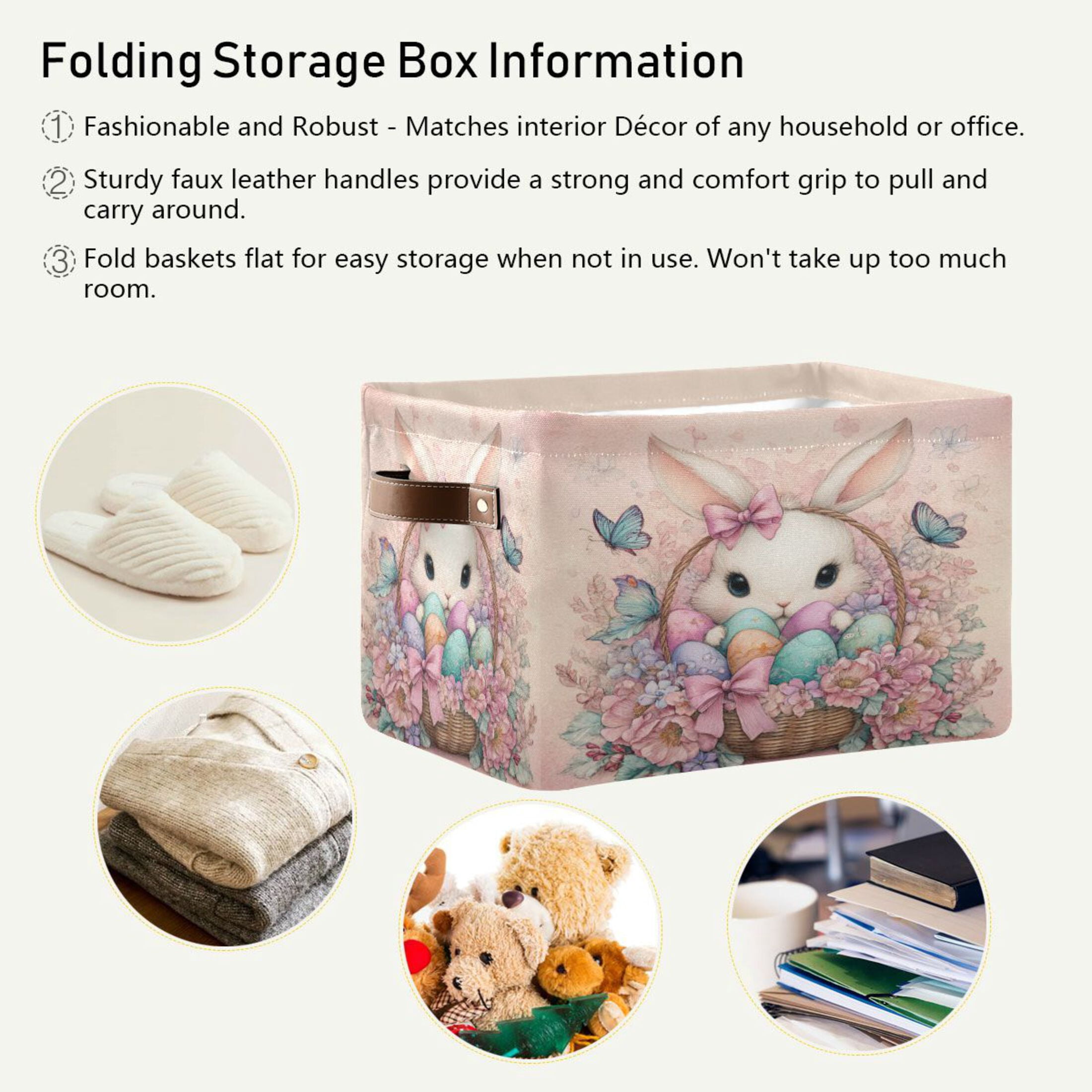 Wobogo Adorable Easter Bunny Square Storage Basket Set of 2 with Waterproof Canvas and PE Lining Durable PU Leather Handles 14.2×10.2×8.3in