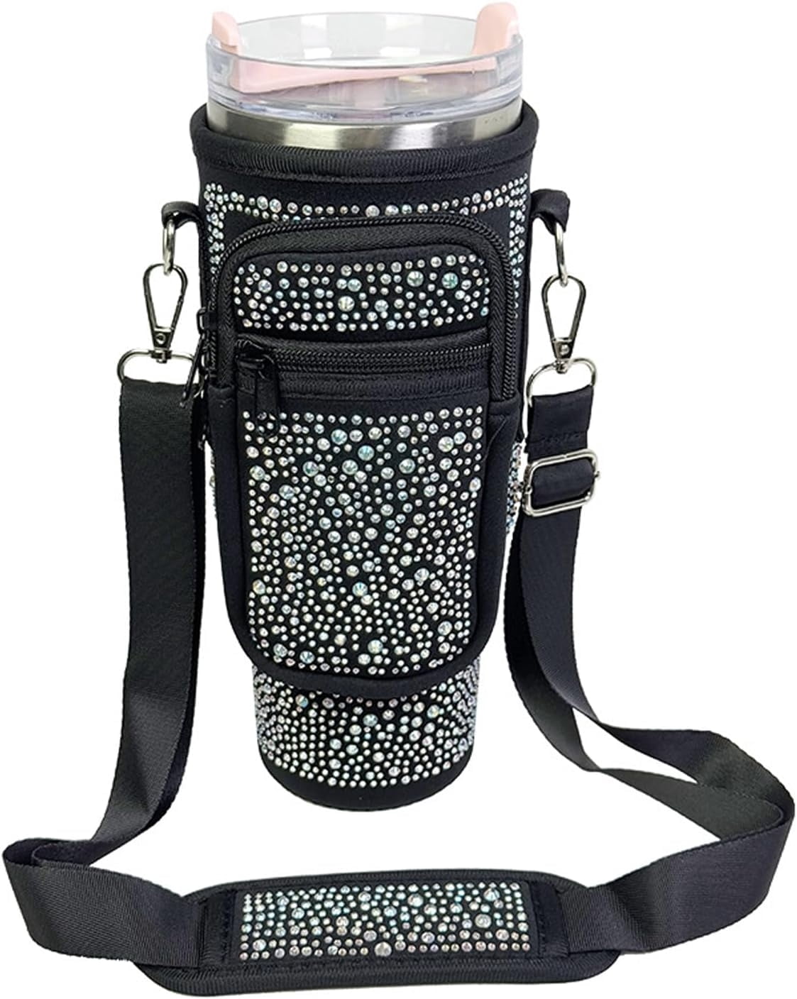 & Per Se Neoprene Water Bottle Carrier Bag For 40oz Tumblers - Adjustable Strap, Detachable Phone Pocket, Includes Straw Cover (Black)