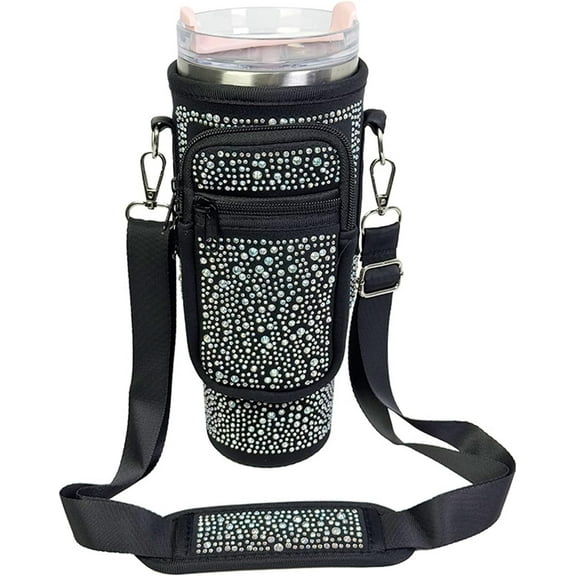 Bling Water Bottle Holder with Adjustable Strap & Straw Cover for Cup 40 oz Tumbler with Handle, Water Bottle Carrier Bag with Phone Pocket & Carabiner for Cup Accessories