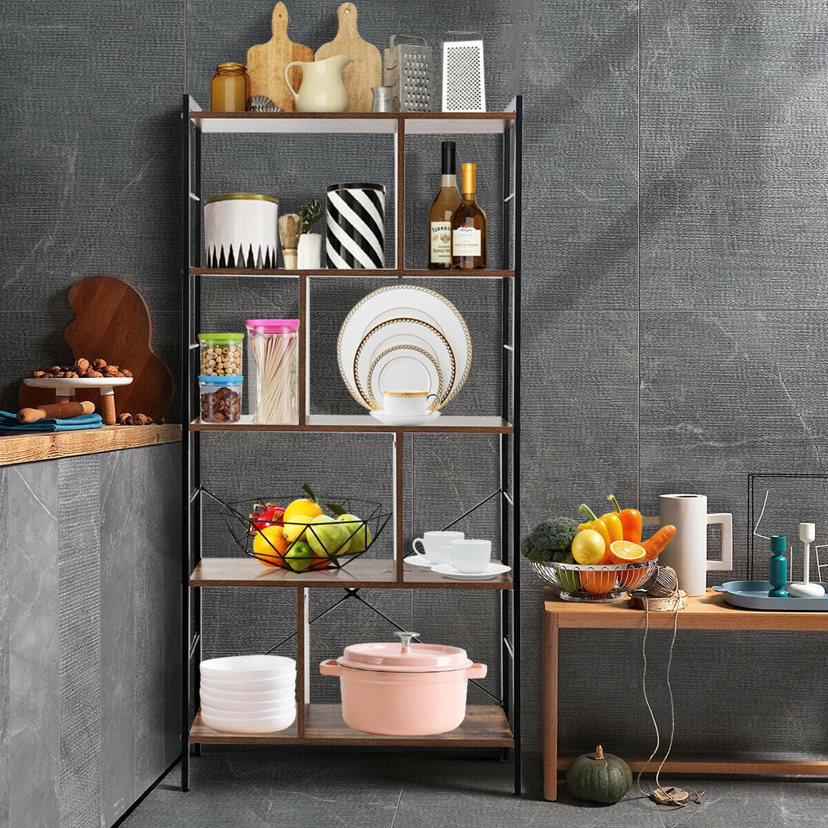 Gymax 4 Tier Bookcase, Brown/Black