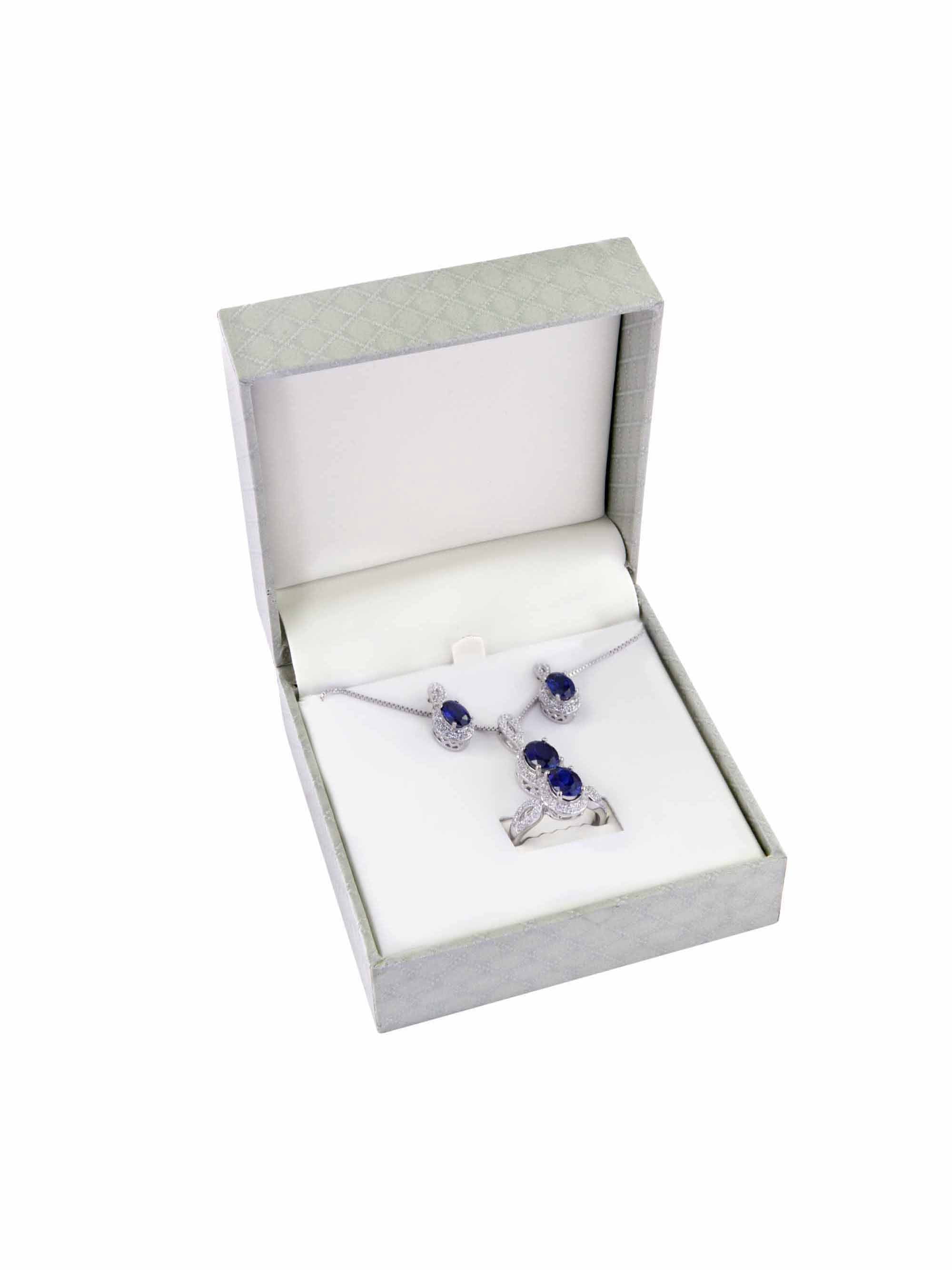 Lab-Created Sapphire and CZ Fine Silver-Plated Brass Boxed Set with Earring, Ring and Pendant, 18"