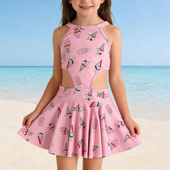 SGFCWSX Girls Tankini Swimsuit, Kids 2 Piece Flowy Skirted Hem Halter Neck Side Cutouts Swimdress and Bottom, Swimwear for Beach Pink Size 3-4 Years
