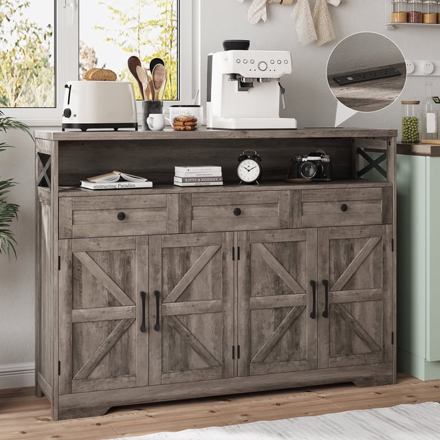 Veanerwood Farmhouse Buffet Cabinet with Drawers, Sideboard with Storage, Kitchen Pantry Cabinet Hutch, Wood Coffee Bar Station Cabinet for Kitchen, Dining Room, Livingroom, 52" L Rustic Grey