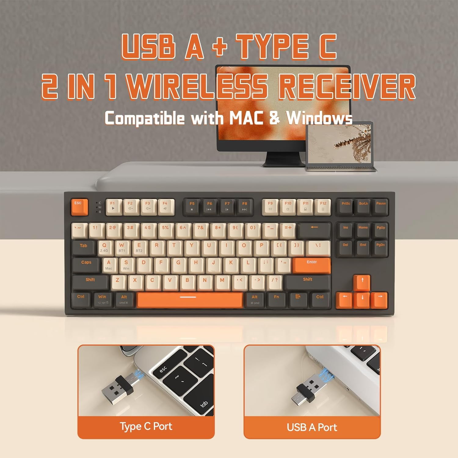 ZIYOULANG M88 Wireless Gaming Keyboard, Hot Swappable TKL Mechanical Keyboard, Bluetooth/2.4Ghz Dual Mode Connect, Type C/USB A 2-in-1 Receiver, 87 PBT Keycaps Red Switch for PC/MAC - Grey & Orange