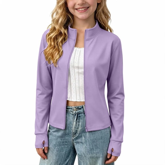 HCBY Girls Athletic Jacket Zip Up Stand Collar Lightweight Running Yoga Track Top with Thumb Holes for Kids