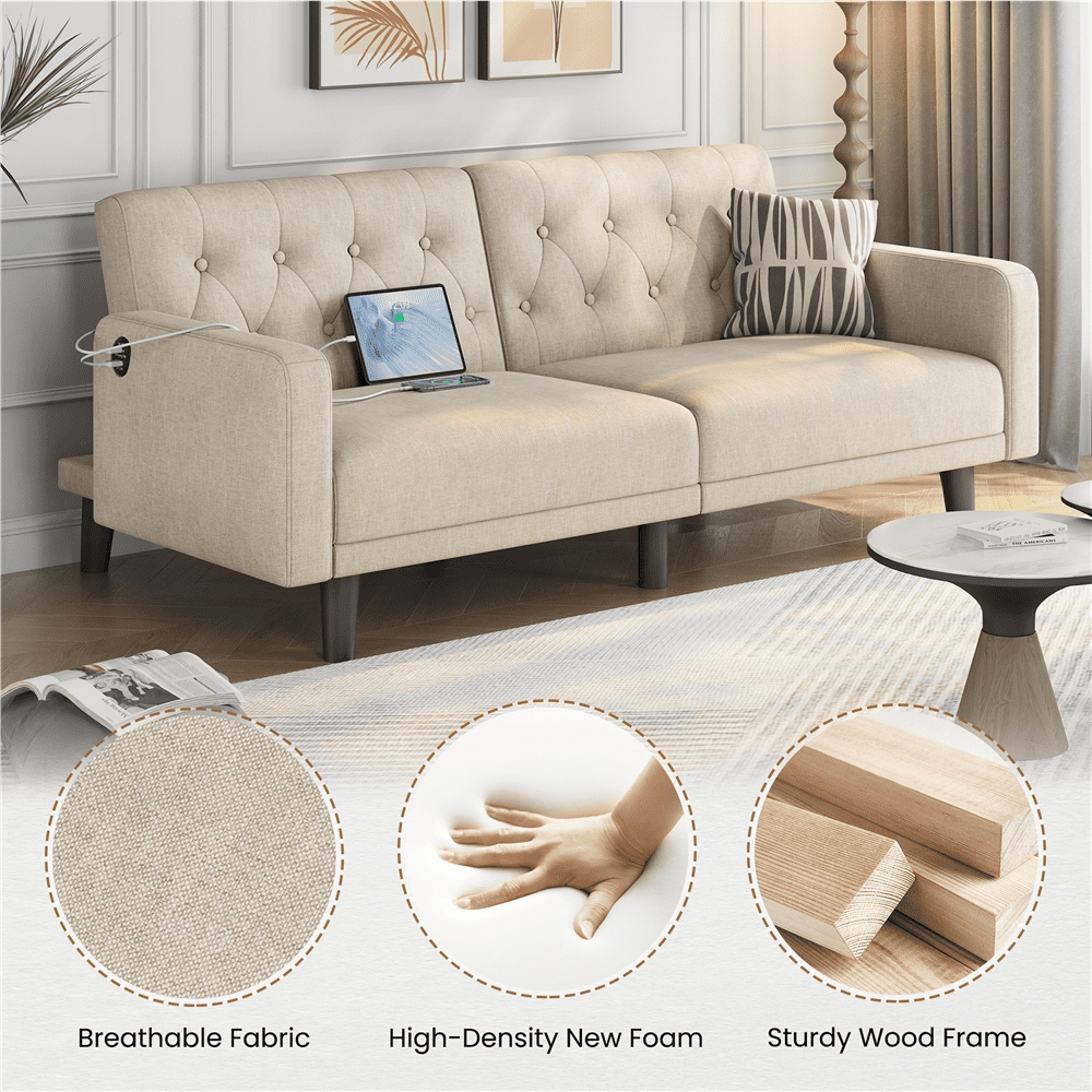 Renwick 63in Convertible Futon Sofa Bed with USB Ports, Beige