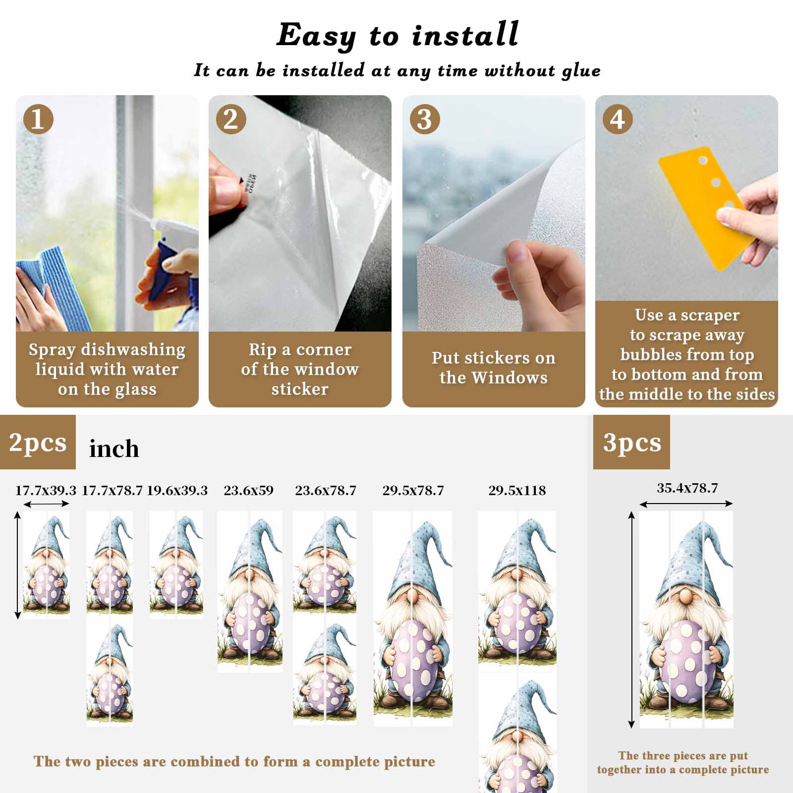 Easter Window Privacy Film, Gnome Egg Frosted Glass Window Clings Static Cling UV Heat Blocking Reusable Door Sticker for Bathroom 23.6 x 59 Inch