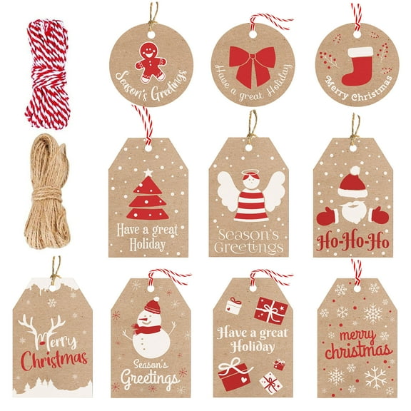 100 Pieces Set Christmas Gift Tags with String Attached Perfect for Labeling Your Gifts - 10 Different Designs Holiday Gift Tags with String - Christmas Present Tags - Christmas Gift Tags with String