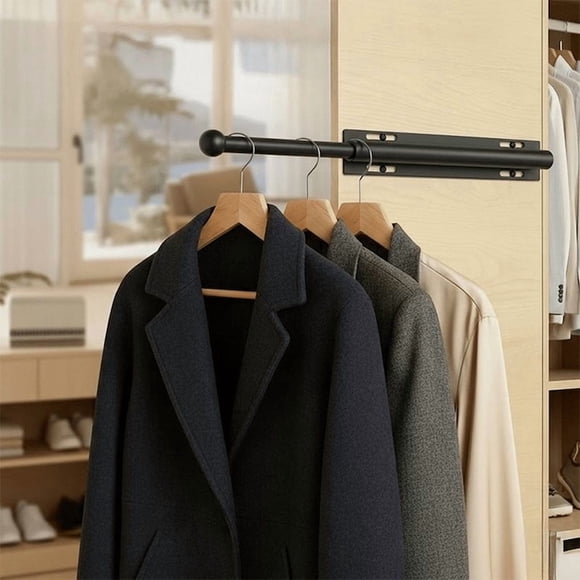 Wall Mounted Wardrobe Organizer with Telescopic Hanger Pole, Sliding Out Extendable Sliding Rail, Space Saving Closet Storage, 1 Telescopic Rod