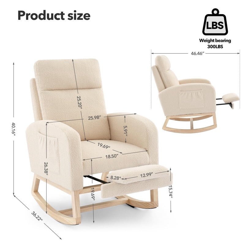 Towallmark Nursery Rocking Chair, Nursing Glider Chair with Footrest, High Backrest Rocker for Mom, Upholstered Lounge Chair with Solid Wood Base, Living Room Bedroom Nursery