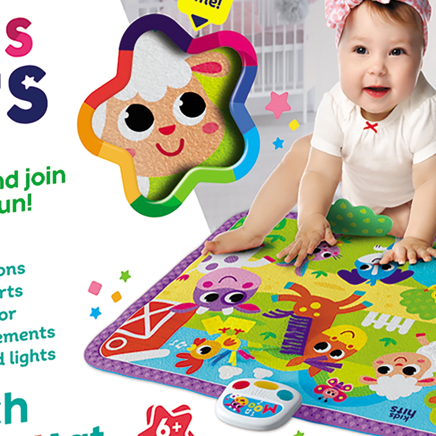 Kids Hits: Touch & Play Mat - Farm Friends - 31.5x23.6" Sensory Floor Pad, Lights-Animal Sounds-Songs Module, Tactile Learning Toy, Baby-Toddler 6Mo+