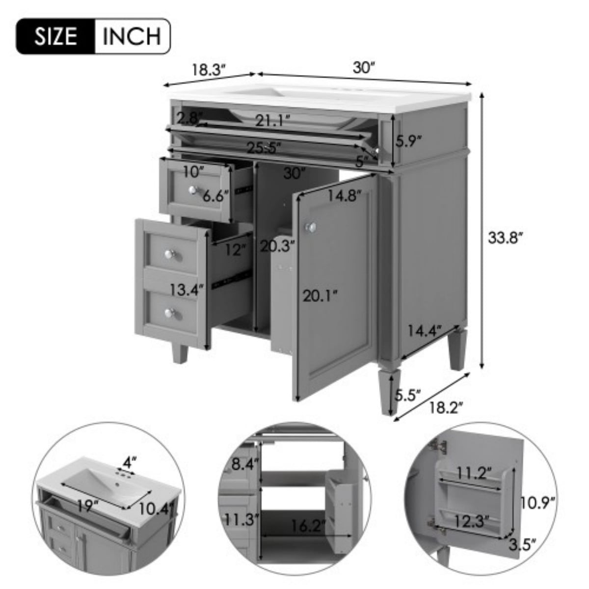 30" Bathroom Vanity with Sink, Modern Freestanding Bathroom Vanity Cabinet with Ceramic Sink, 3 Drawers & Tip-Out Drawer, Adjustable Shelf, White Storage Cabinet, Grey