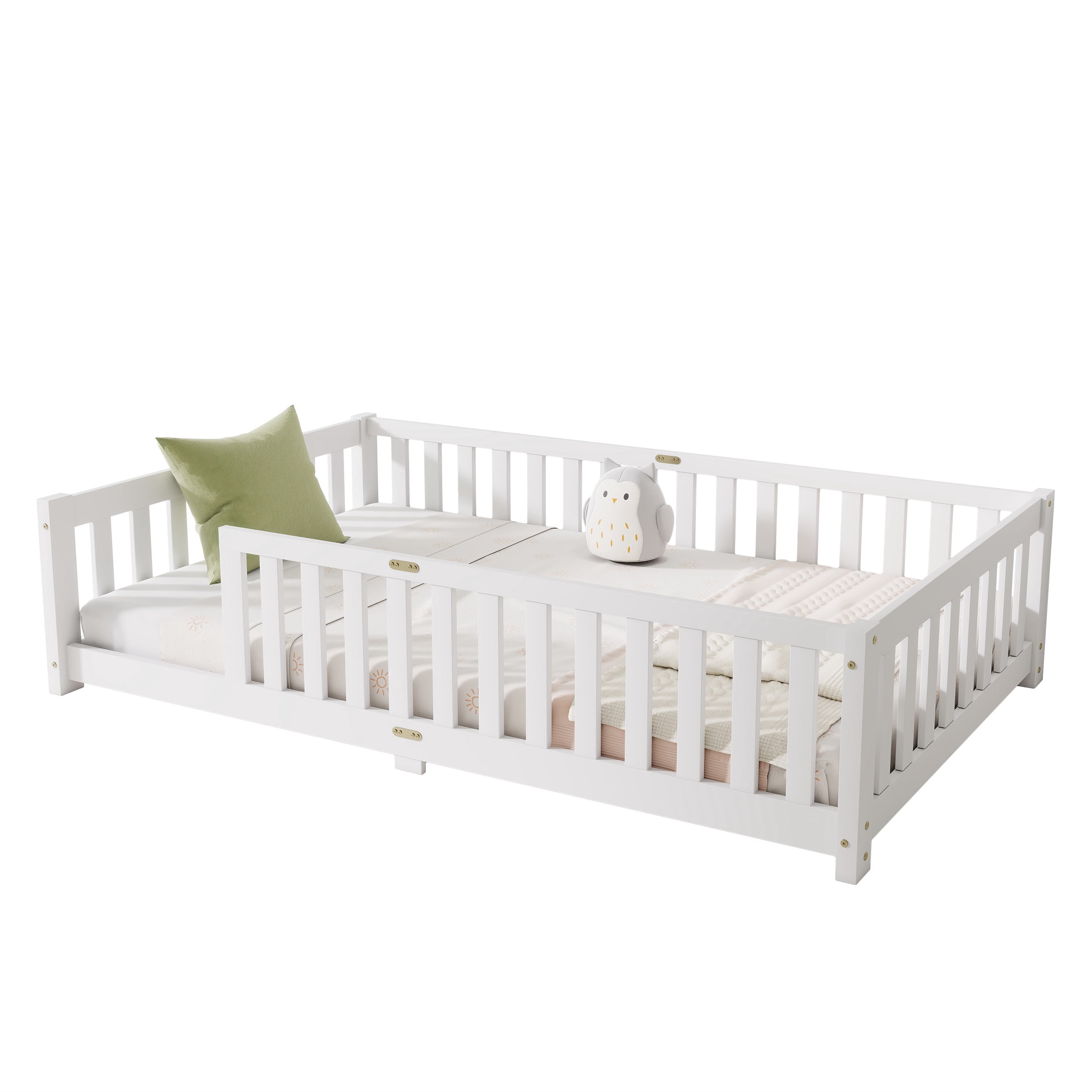 Sesslife Twin Montessori Floor Bed, Wood Twin Size Floor Bed Frame with Safety Guardrails and Slats, Low Profile Toddler Bed for Kids Boys and Girls, No Box Spring Needed, White