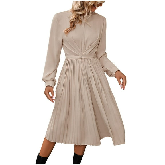 hotojiny Women Long Sleeve Dresses Crew Neck Pleated A Line Flowy Dresses Elegant Business Casual Long Dress with Belt