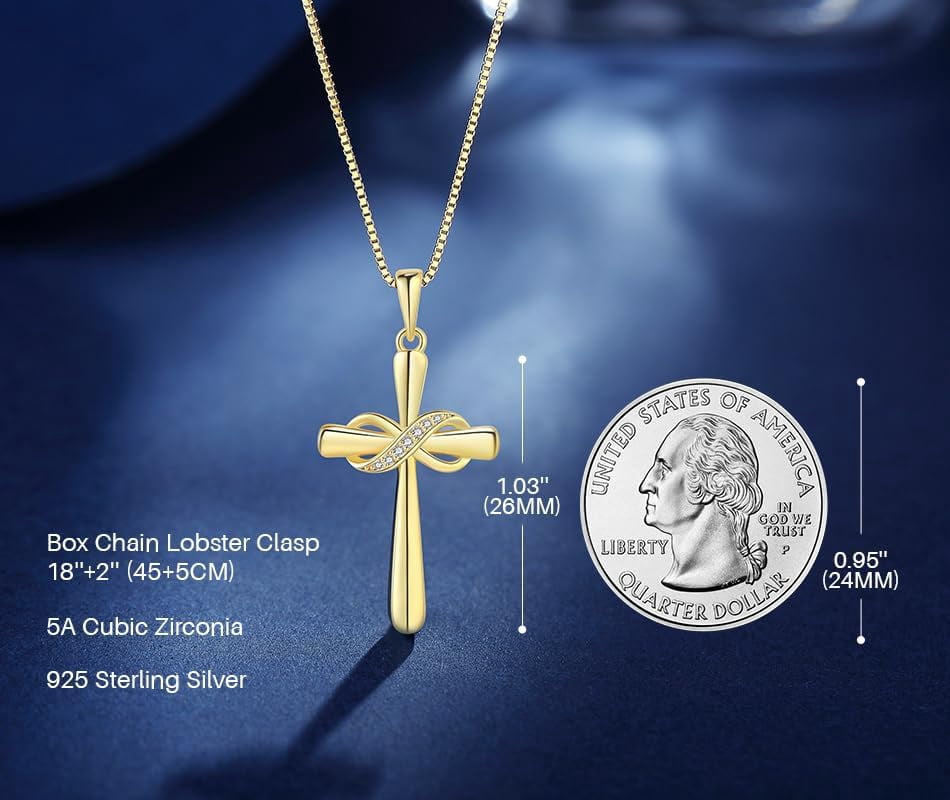 Infinity Cross Necklace for Women 925 Sterling Silver Danity Cross Pendant Necklace Christian Jewelry Baptism Gift 18''+2'' Chain