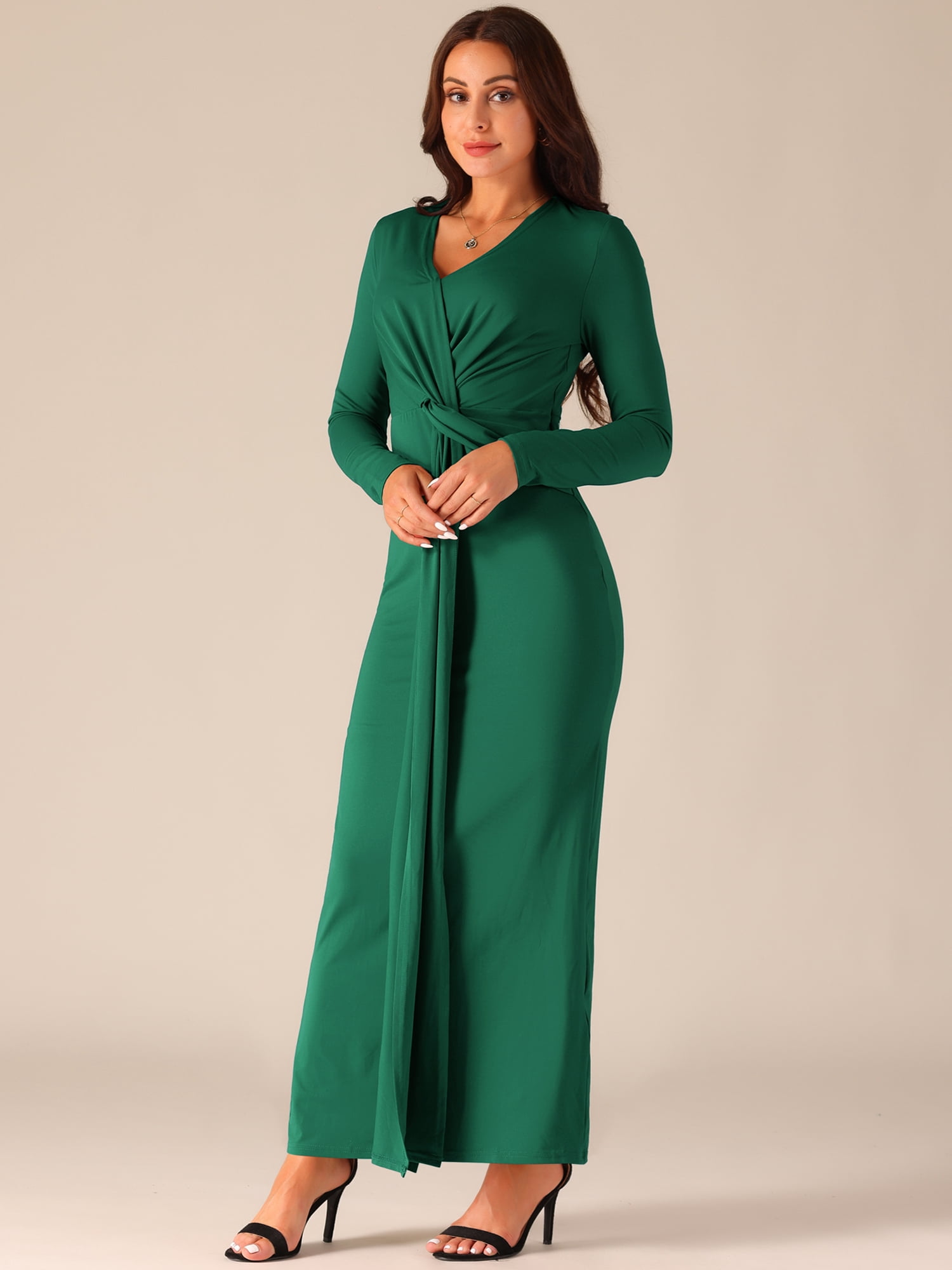 DARING DIVA Long Sleeve V Neck Wrap Split Hem Bodycon Cocktail Dress S Deep Green