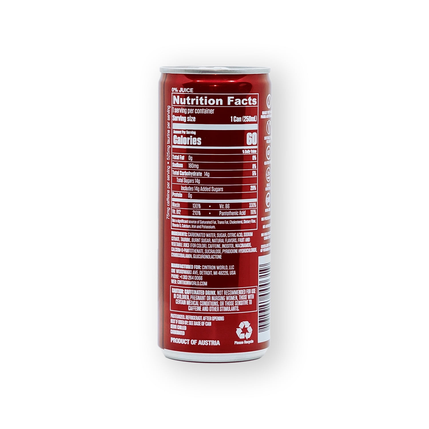 Cintron Sparkling Cranberry Caffeinated Energy Drink 6PK- Healthy Alternative W/ Less Calories