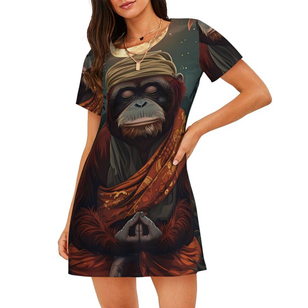 Balery Banana Leaf Meditating Gorilla Camisón de manga corta con cuello redondo para mujer, cómodo y elegante.