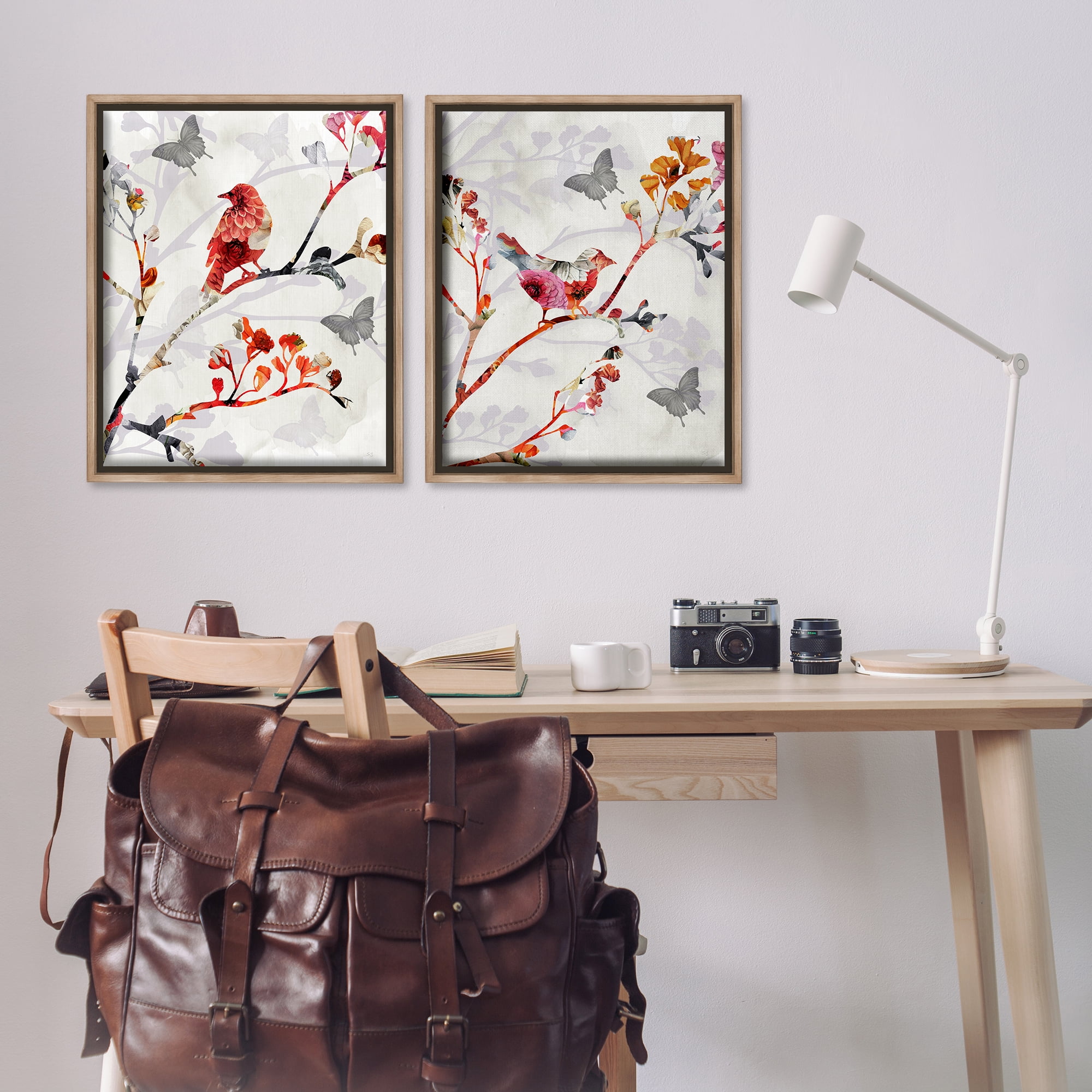 Stupell Industries Flower Birds on Branch Animals Painting Brown Floater Framed Canvas Art Print Wall Art, 31 x 25, Set of 2