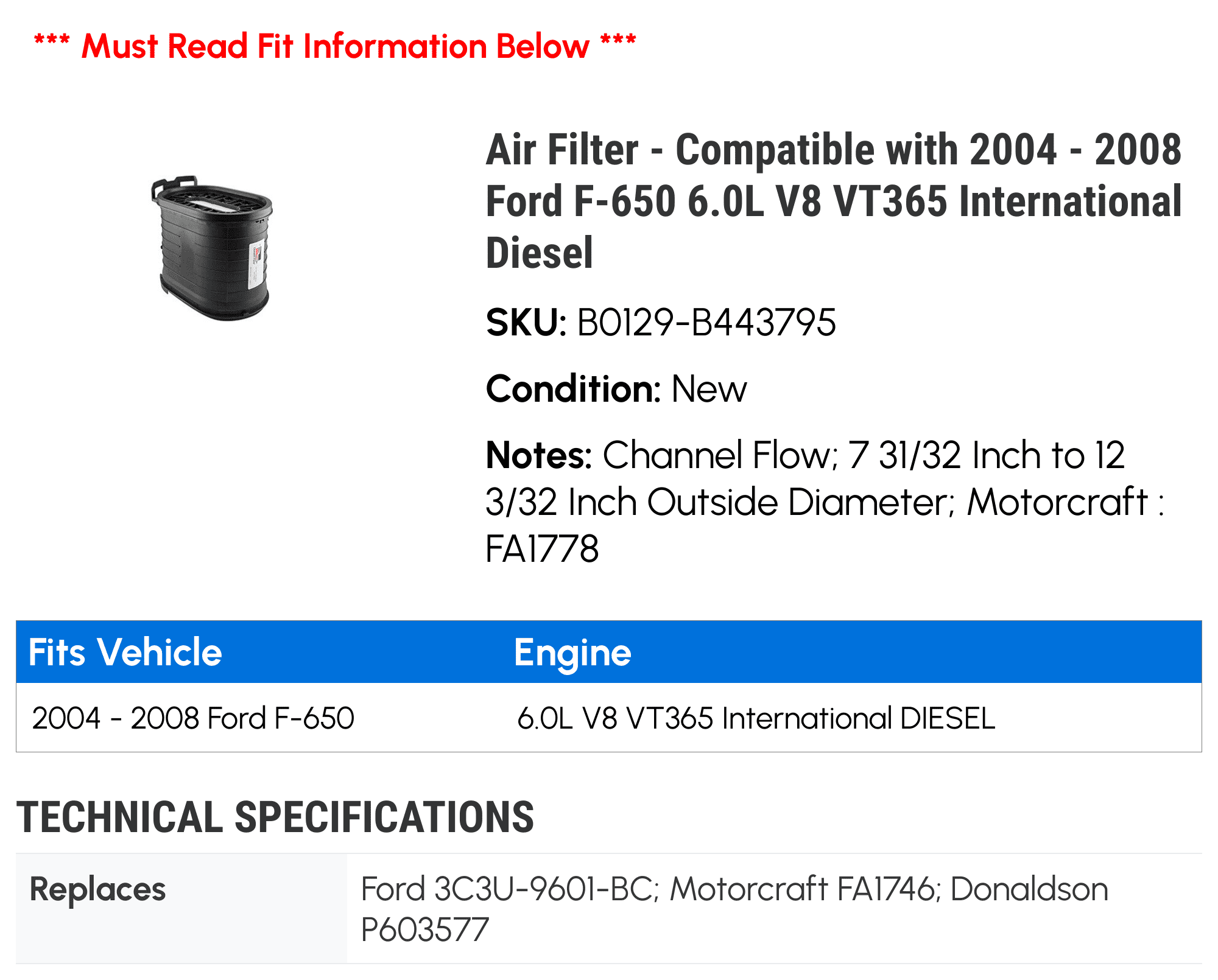 FA1778 Engine Air Filter Fit for Ford F250 F350 F450
