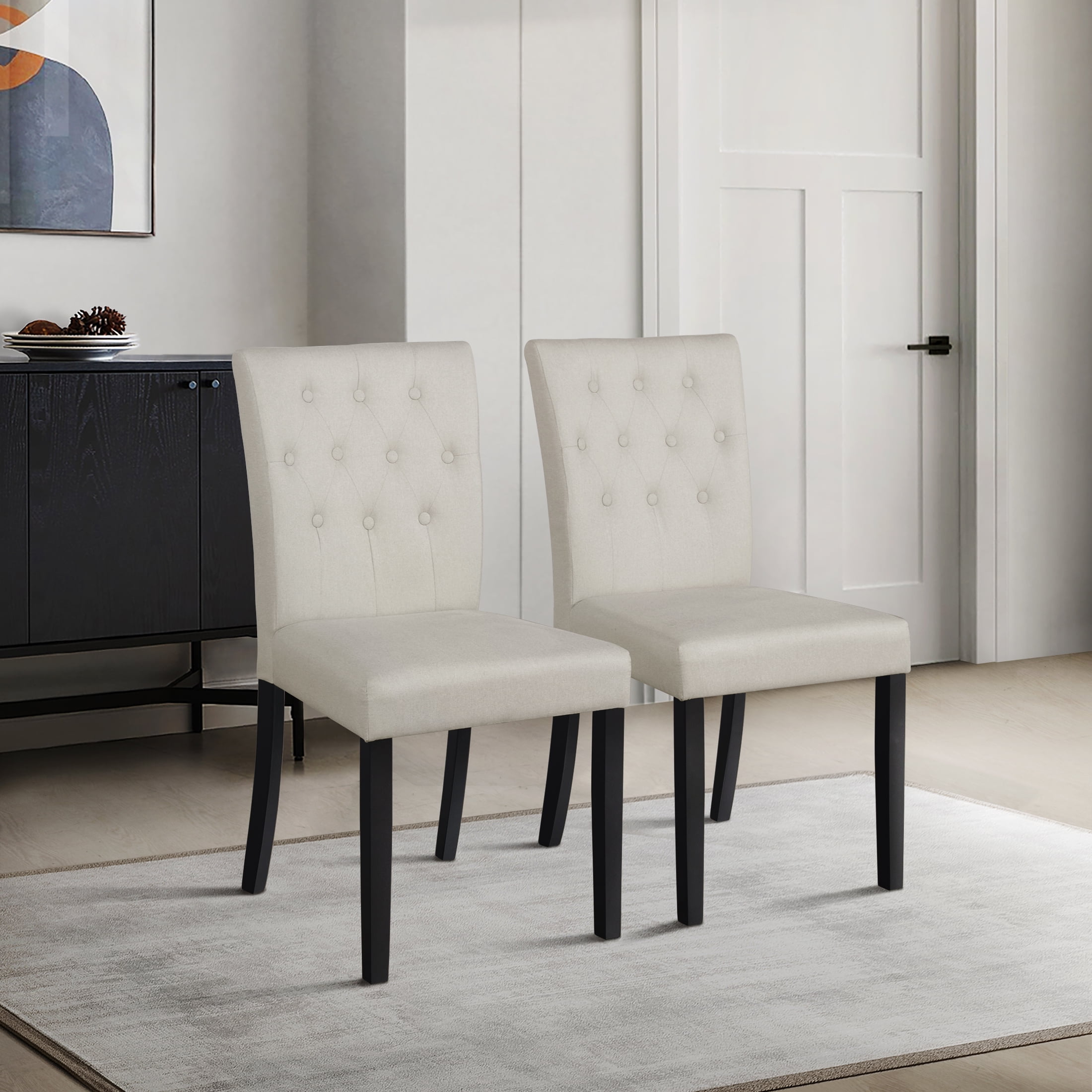 Castle Place Modern Wooden Upholstered Linen Dining Chairs, Beige, Set of 2
