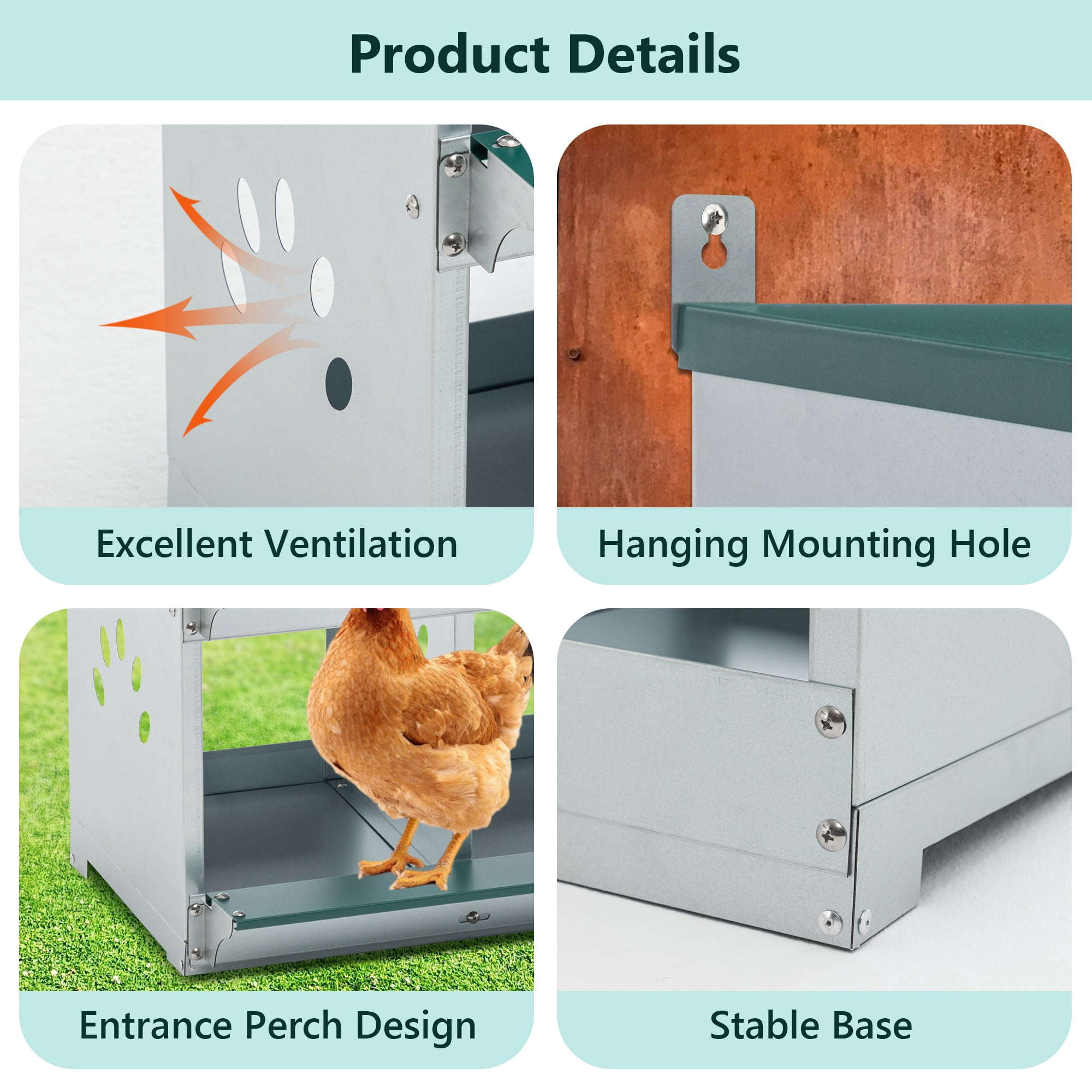 Leumius Nesting Boxes for Chickens,4-Hole Chicken Nesting Boxes Wall Mount,Large Vented Holes Chicken Coop Box for Outdoor Chicken Coop Farm Yard,Green