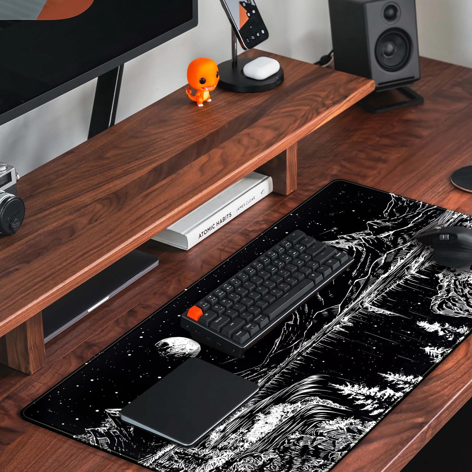 Black and White Desk Mat Dark Nature Forest Mouse pad XXL Starry Night Mountain Desk pad Aesthetic Moon and Stars Mousepad XXL for Laptop Computer Mouse Gaming Keyboard Mat, 31.5 X 15.8 in