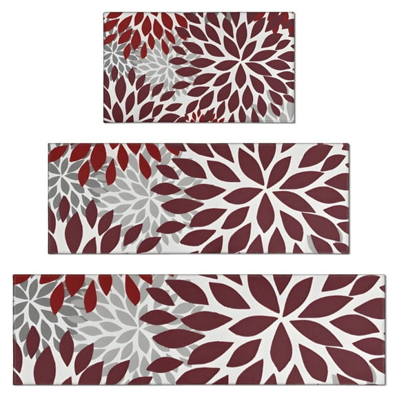 Red Floral and Petal Pattern Kitchen Rugs Sets Of 3,Kitchen Runner Rugs Non Skid Washable,Decorative Kitchen Floor Mats for Kitchen,Sink,Laundry,17"x30" 17"x47" 17"x59"