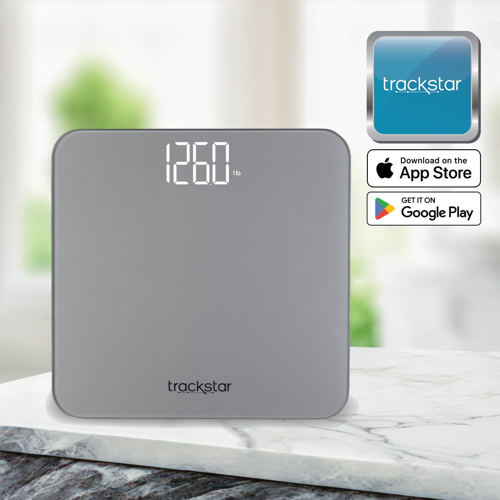 Trackstar Silver Digital Weight Scale 440 lb Weight Capacity Trackstar Monitoring App Bluetooth iOS & Android Compatible Measure, Track, and Share Results