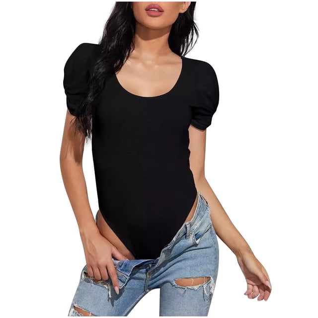 Top de Manga Corta de Verano para las Mujeres Cuello Redondo Manga Corta Plisado Cuerpo Sólido, Blusa Sexy de Poliéster, Lavado a Mano Casual