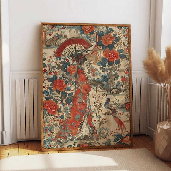 Japanese Geisha And Floral Landscape Poster - Oriental Garden Flower And Bird Wall Art - Traditional Wall Art, Modern Wall Decor, 8x12 UNFRAMED